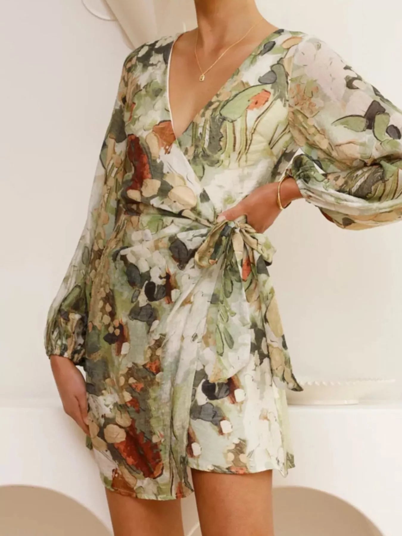 Surplice Long Sleeve Tie Waist Dress