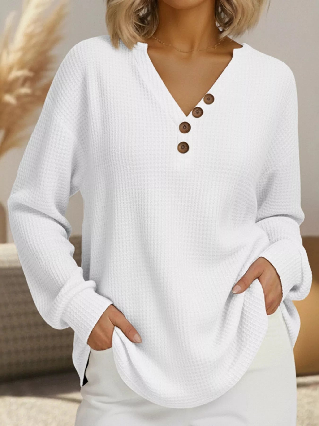 Full Size Casual Waffle Knit V-Neck Long Sleeve T-Shirt Plus Size