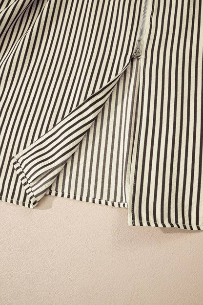 Stripe V Neck Zip Front Cinched High Waist Midi Dress