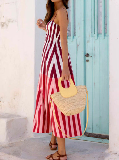 Striped Spaghetti Strap Casual Midi Dress