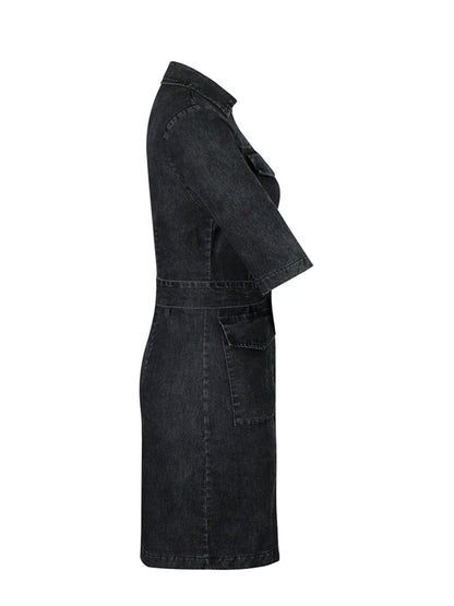 Zipper Front Short Sleeve Denim Dress