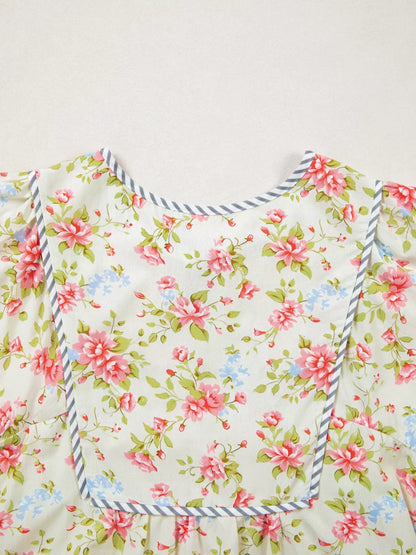 Striped Edge 3/4 Puff Sleeve Floral Dress
