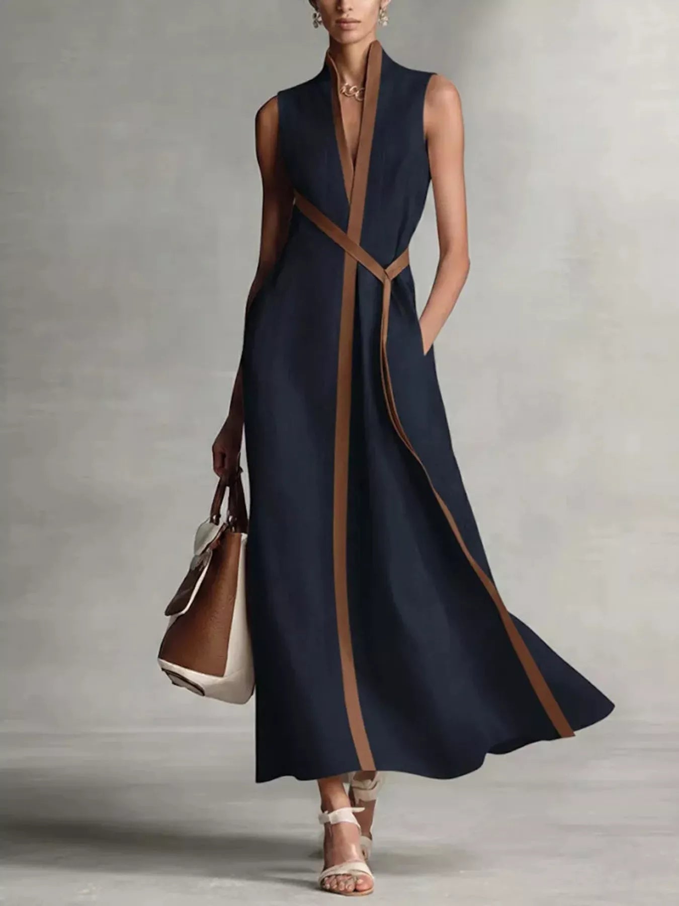 Full Size Contrast Trim Sleeveless Maxi Dress Plus Size