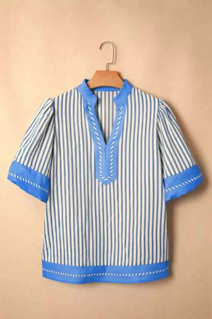 Stripe Color Block Detail V Neck Short Sleeve Blouse