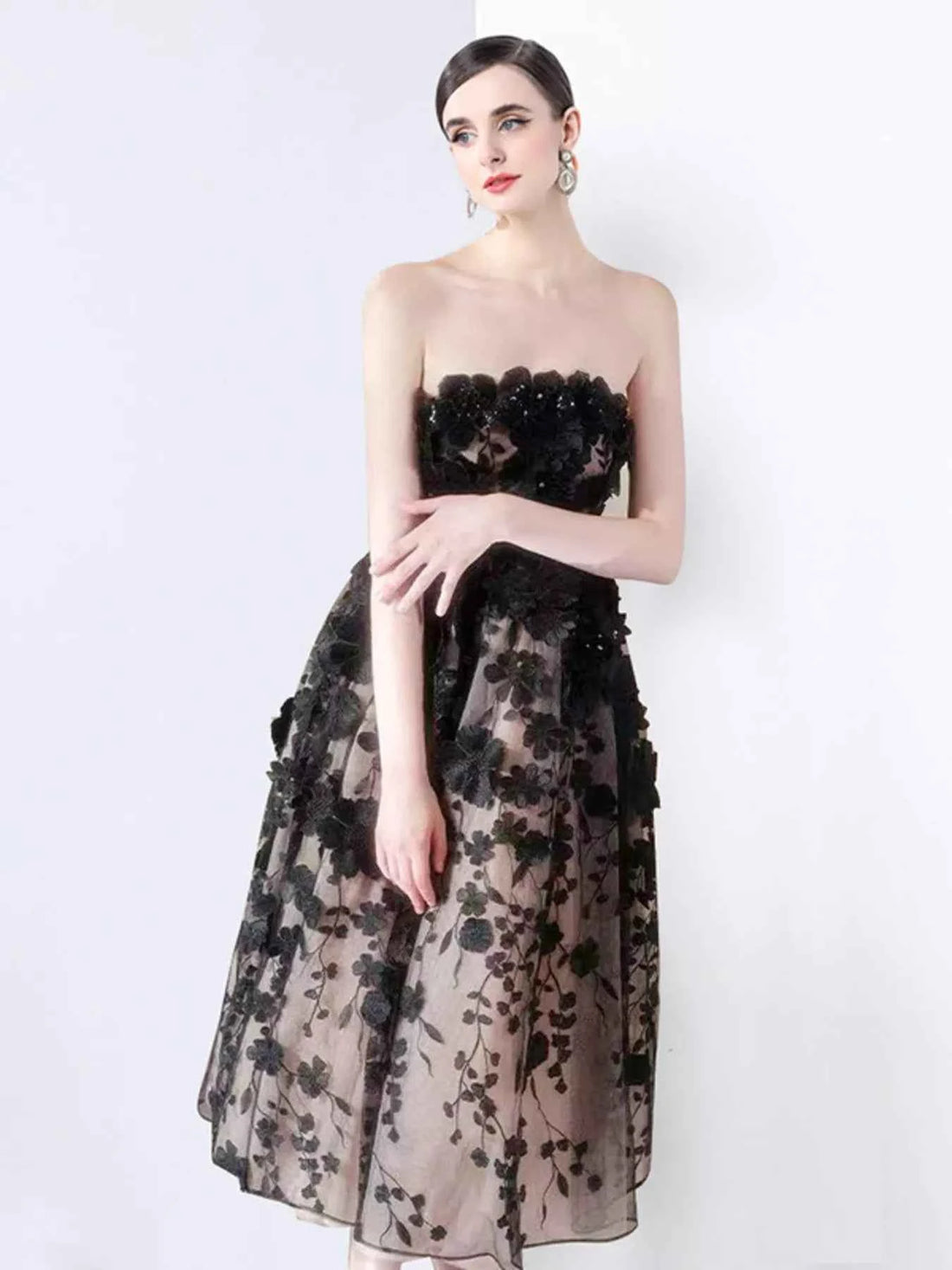 Strapless Floral Applique Midi Dress