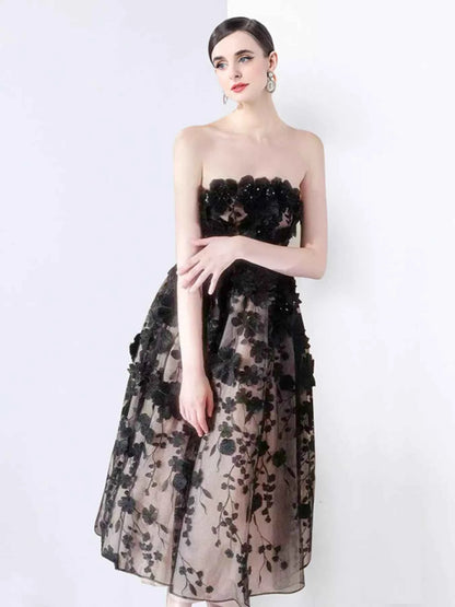 Strapless Floral Applique Midi Dress
