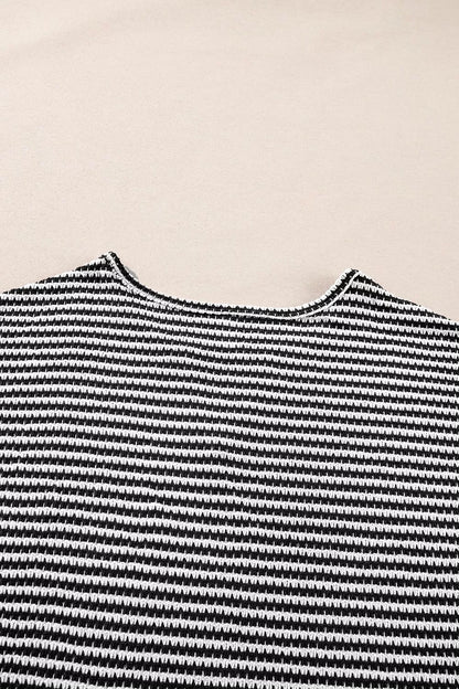 Stripe Textured Knit Notched Neck Cuffed Short Sleeve Top