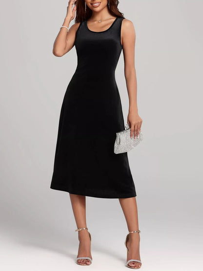 Round Neck Sleeveless Velvet A-Line Midi Dress