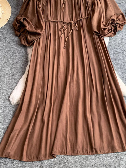 Balloon Sleeve Tie-Waist Dress