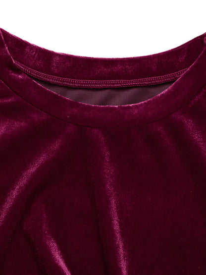 Velvet Slit Round Neck Long Sleeve Dress with Side Tie Detail