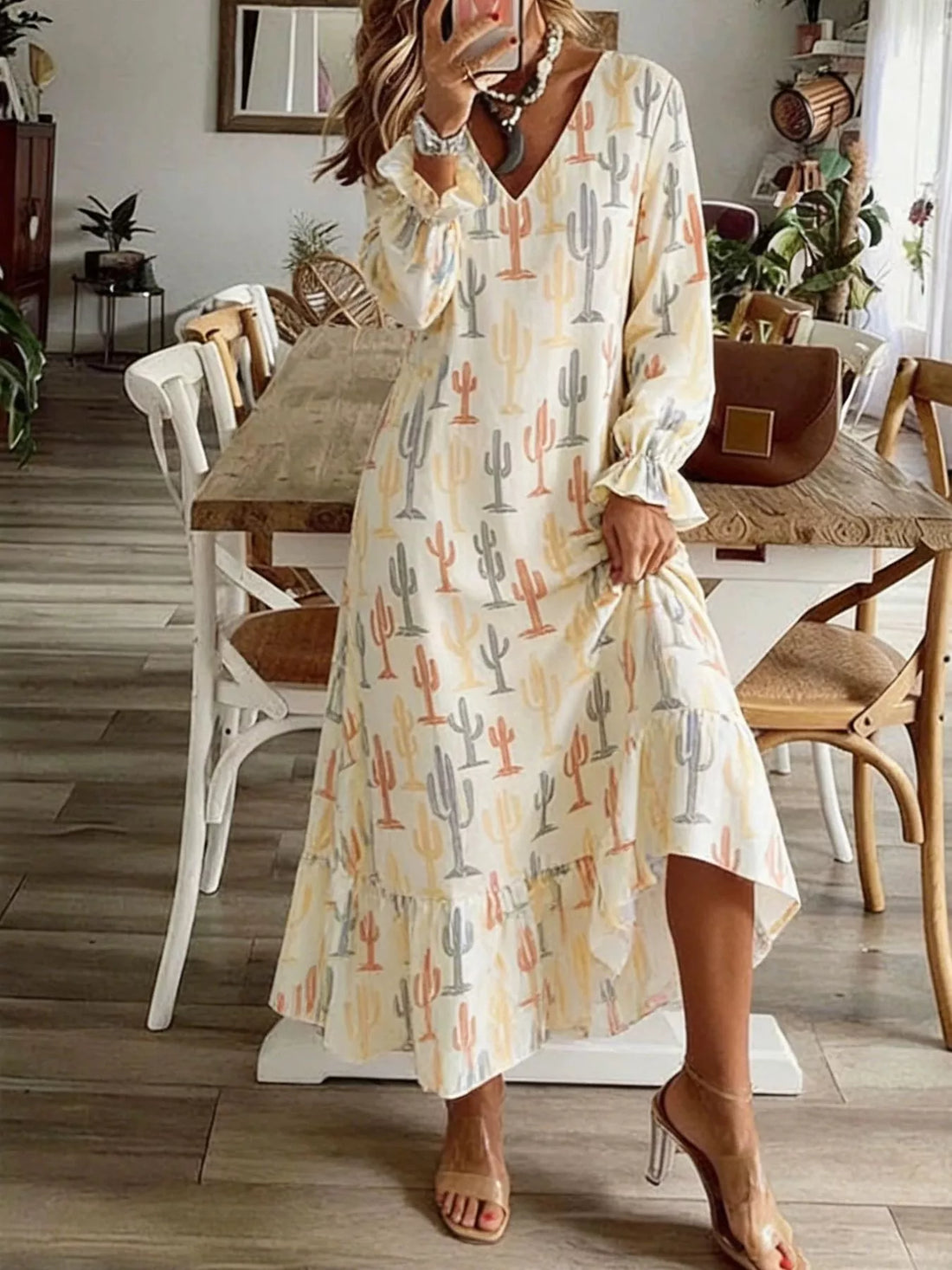 V-Neck Flounce Sleeve Dress