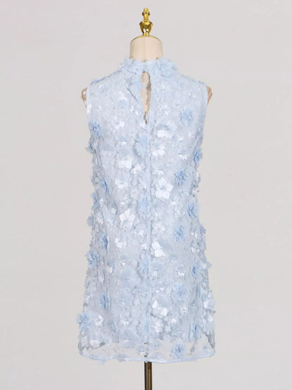 Floral Applique High Neck Sleeveless Mini Dress
