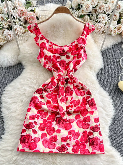 Floral Print Ruffle Trim Mini Dress