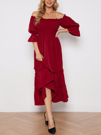 Smocked Off-Shoulder Ruffle Hem Midi Dress