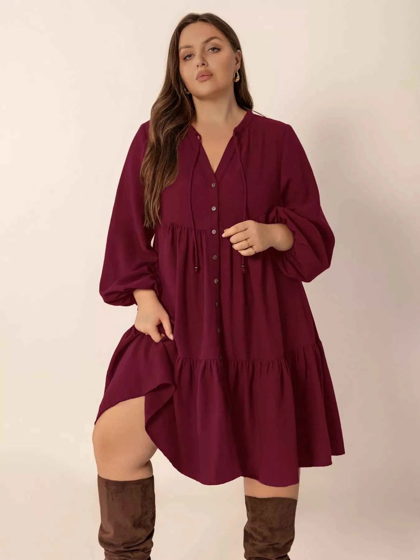 Plus Size Button Front Balloon Sleeve Dress