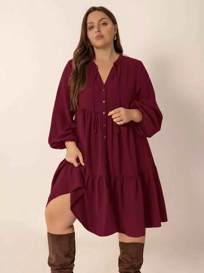 Plus Size Button Front Balloon Sleeve Dress