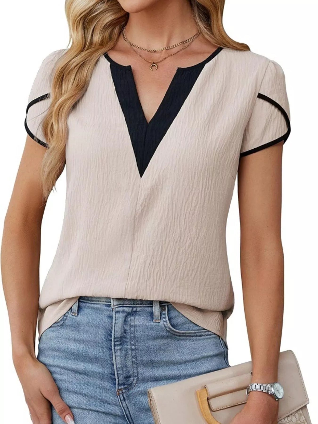 Notched Petal Sleeve Blouse