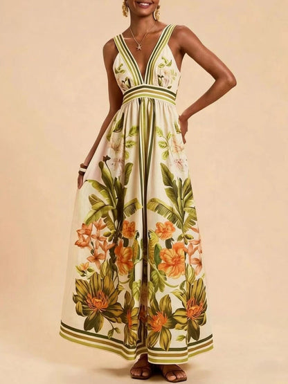 Tropical Print V-Neck Maxi Dress