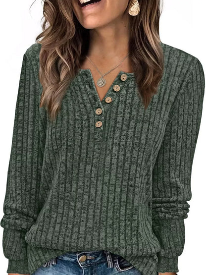 Ribbed Knit Button-Front Long Sleeve T-Shirt