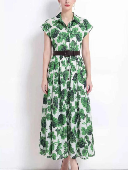 Printed Button Front Cap Sleeve Dress