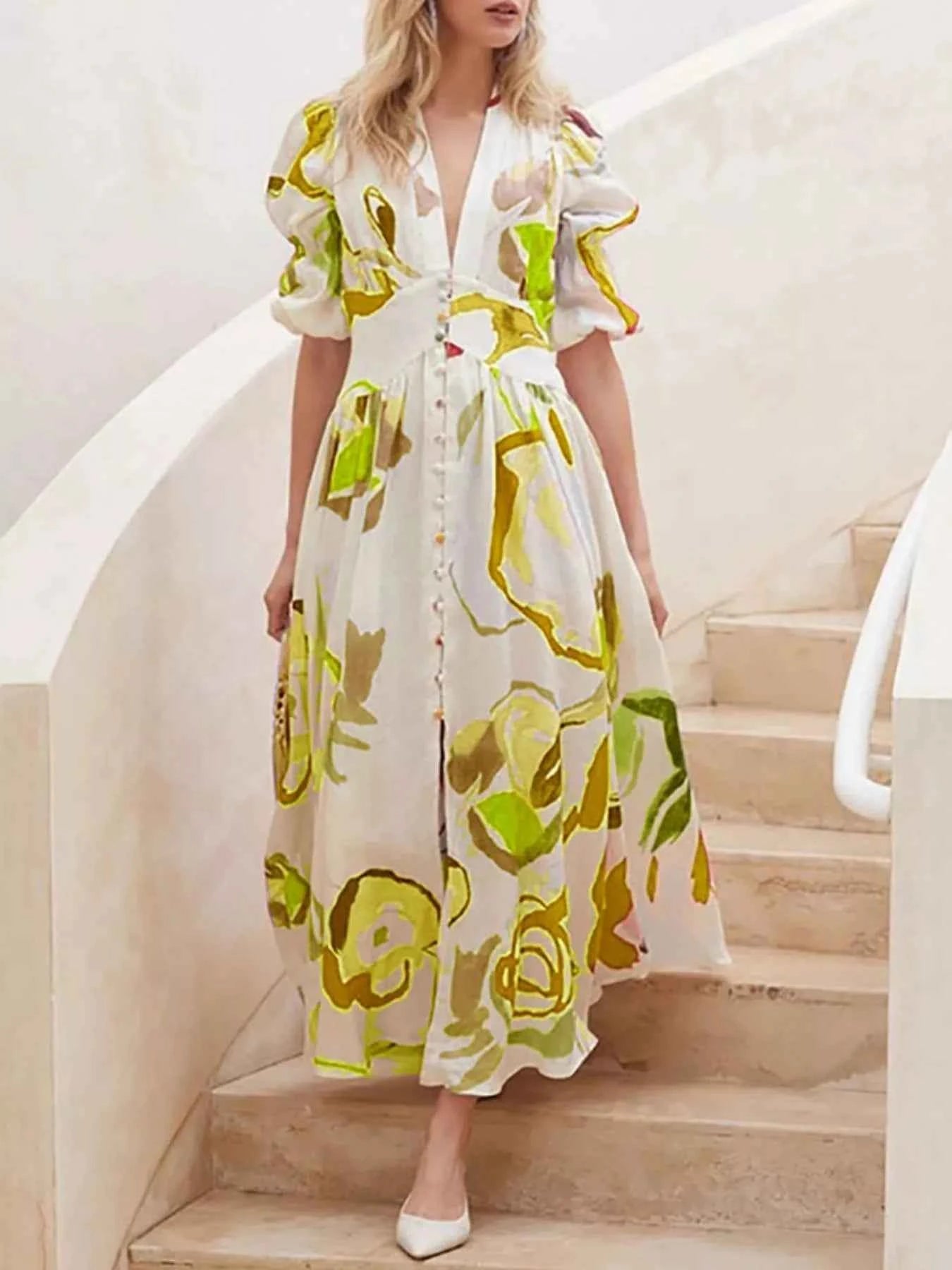 Full Size Abstract Print Puff Sleeve Midi Dress Plus Size