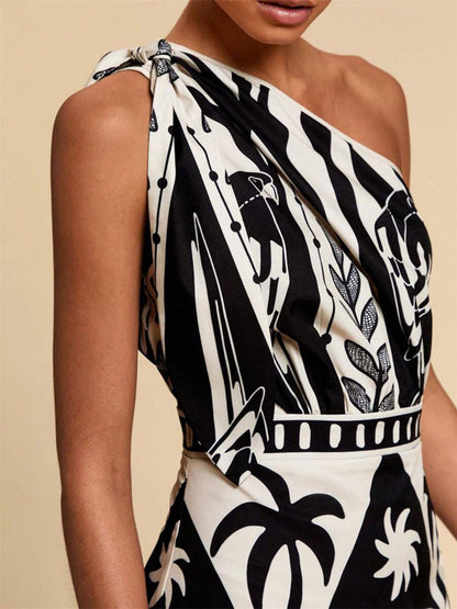 One-Shoulder Tropical Print Midi Dress
