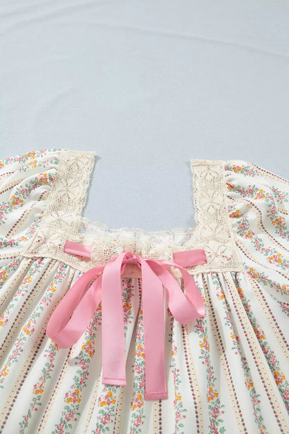 Multicolour Floral Print Contrast Ribbon Bow Lace Trim Square Neck Mini Dress