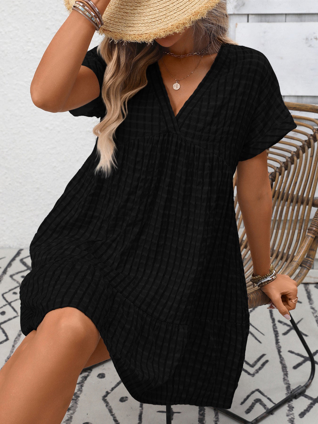 Plaid V-Neck Ruffle Hem Mini Dress