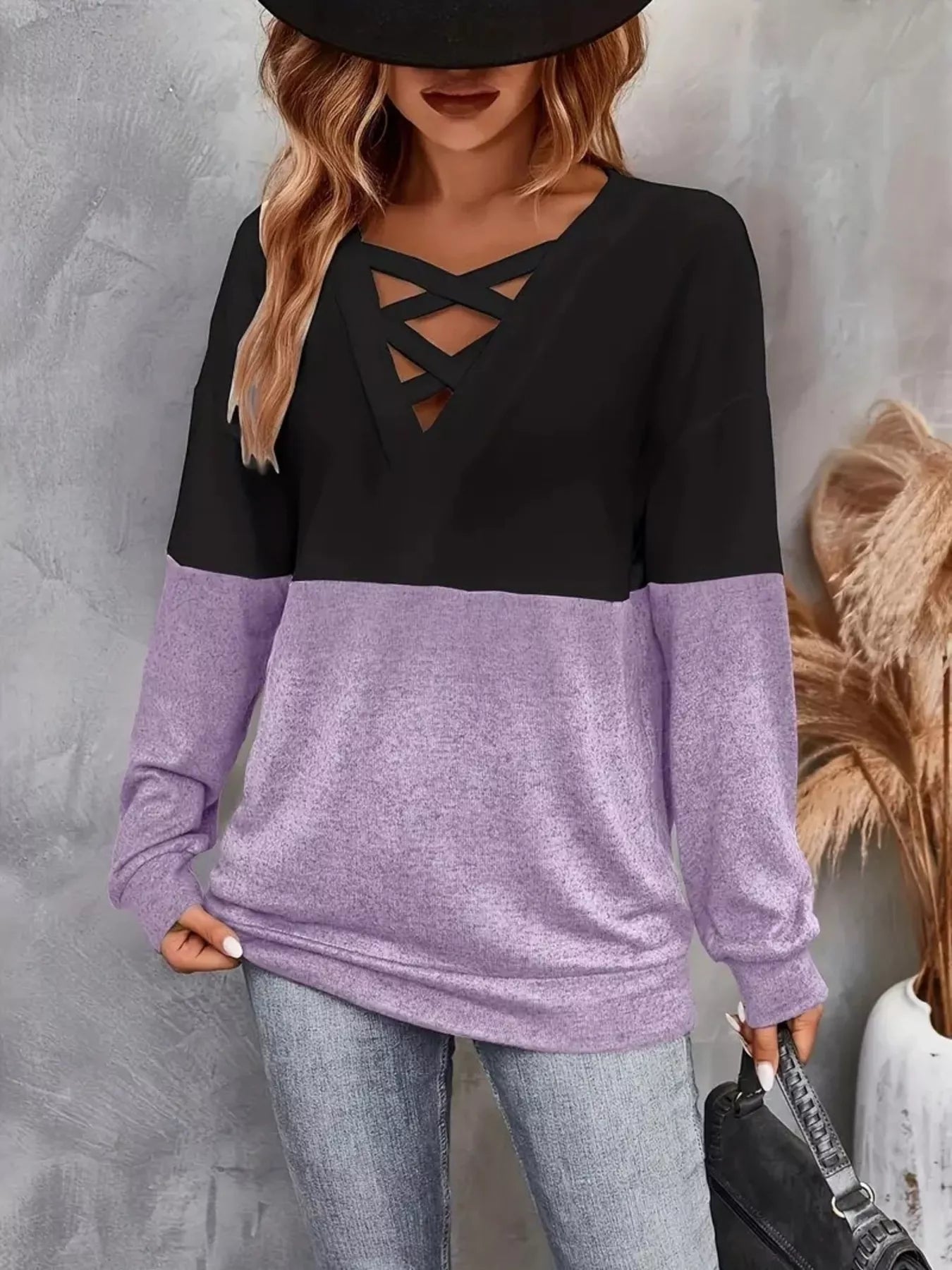 Crisscross V-Neck Color Block Long Sleeve T-Shirt