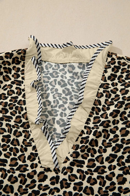 Leopard Print Striped Color Block Trim V Neck Bracelet Sleeve Mini Dress