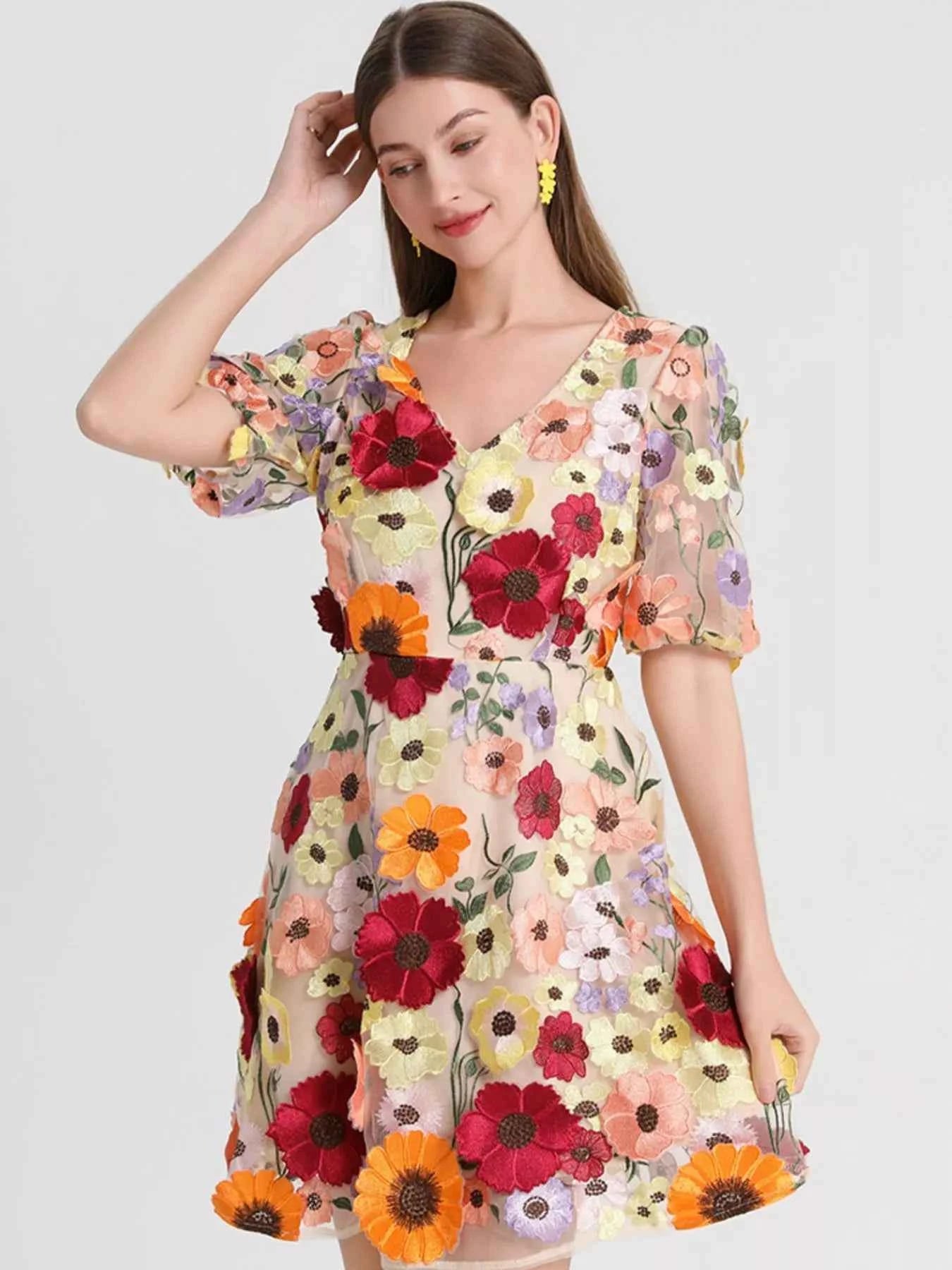 Plus Size Embroidered Floral V-Neck Mini Dress