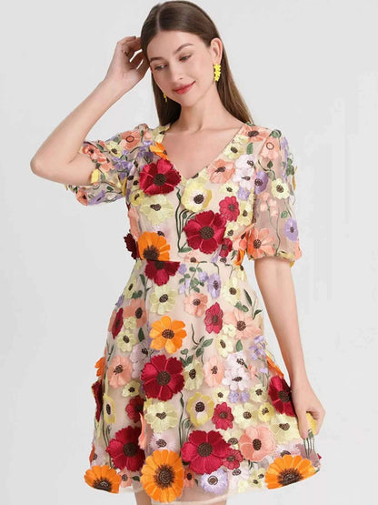 Plus Size Embroidered Floral V-Neck Mini Dress