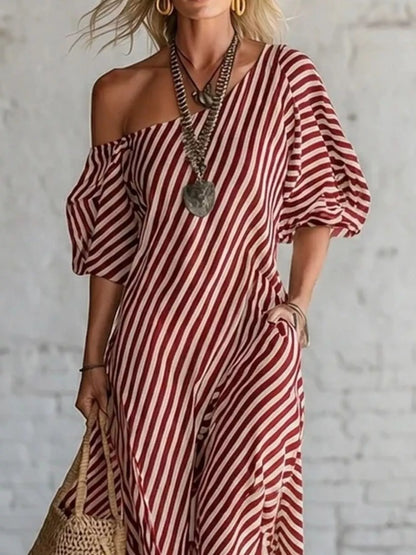 Full Size Striped One-Shoulder Casual Maxi Dress Plus Size