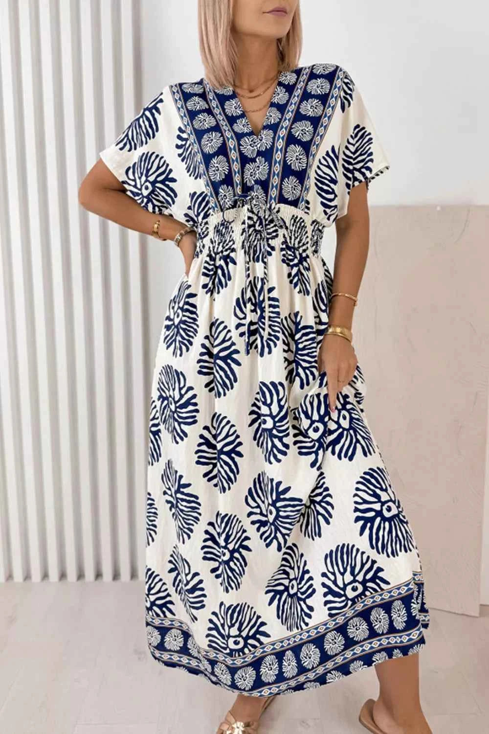 Floral Print Contrast Patchwork V Neck Dolman Dress