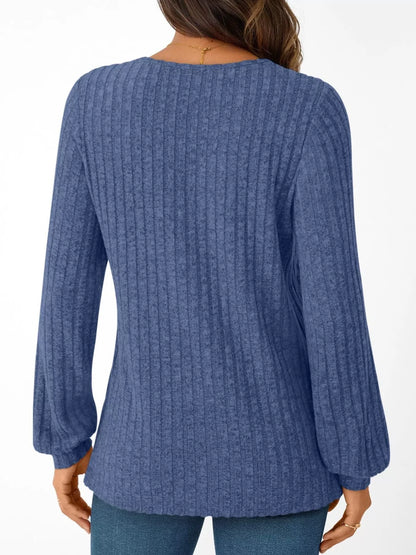 Ribbed Knit V-Neck Long Sleeve T-Shirt