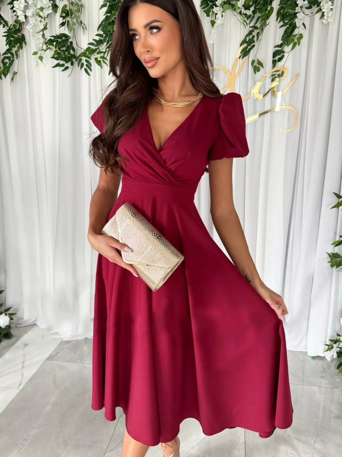 Surplice Short Sleeve Midi Dress