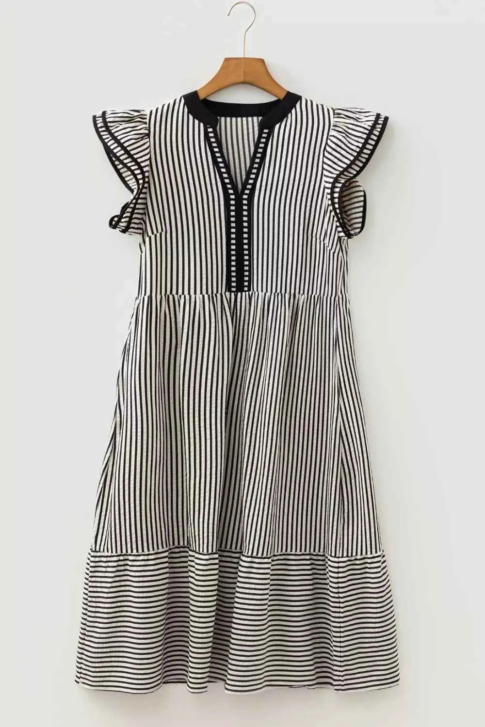 Striped Ruffle Sleeve Tiered Midi Dress