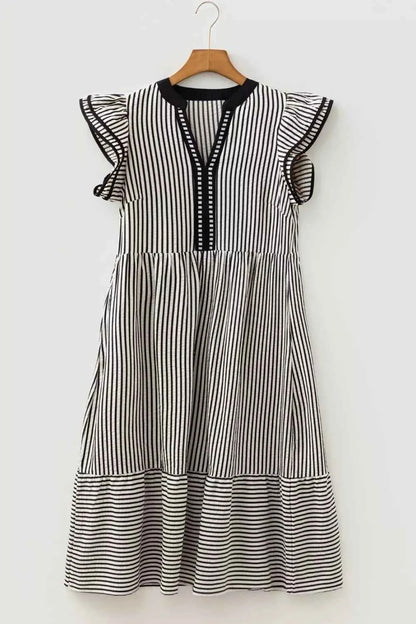 Striped Ruffle Sleeve Tiered Midi Dress