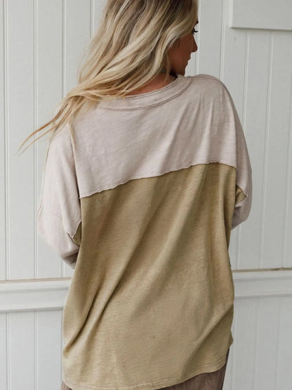 Floral Patch Color Block V-Neck T-Shirt