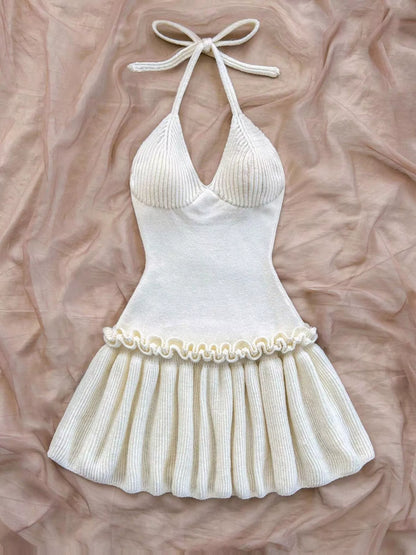 Halter Neck Ruffle Hem Knit Sweater Dress