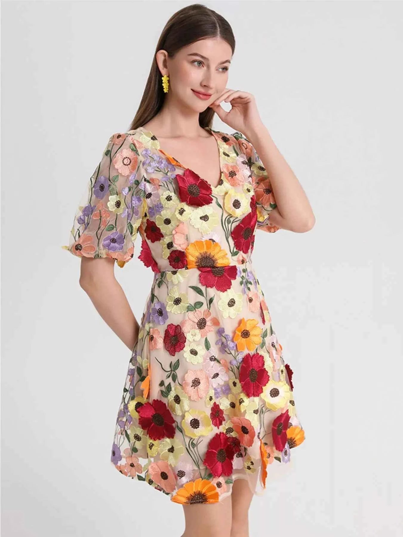 Plus Size Embroidered Floral V-Neck Mini Dress