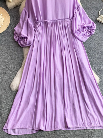Balloon Sleeve Tie-Waist Dress