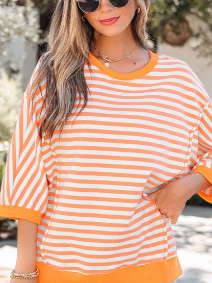 Stripe 3/4 Sleeve Exposed Seam Patchwork Pullover Top