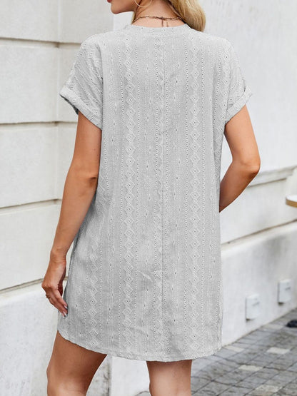 Eyelet Round Neck Casual Mini Dress