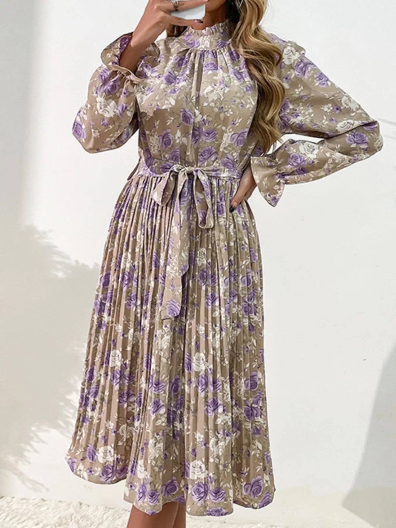 Floral Print Long Sleeve Pleated Midi Dress