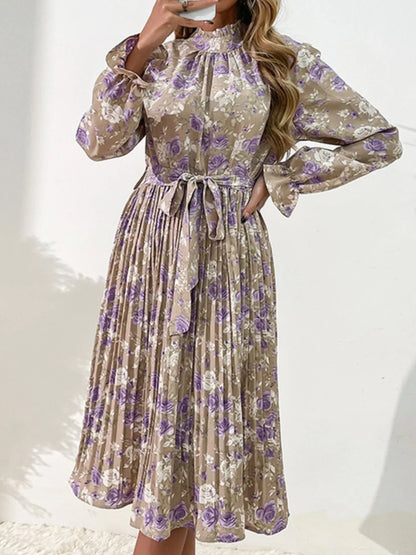 Floral Print Long Sleeve Pleated Midi Dress