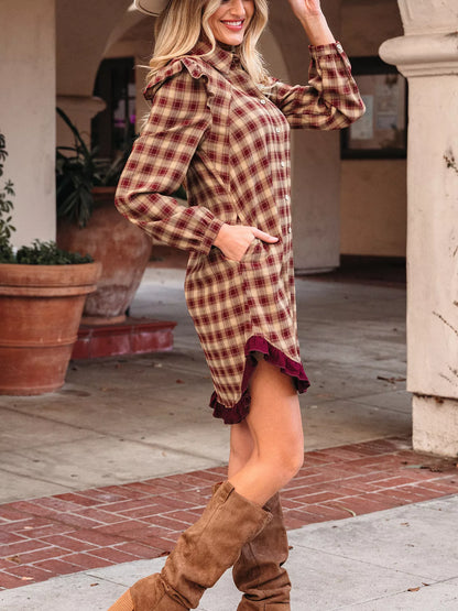 Plaid Print Ruffled Long Sleeve Patchwork Hem Mini Shirt Dress