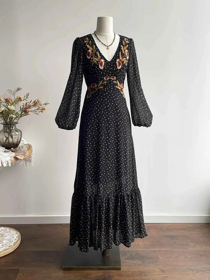 Plus Size Floral Embroidered Polka Dot Maxi Dress