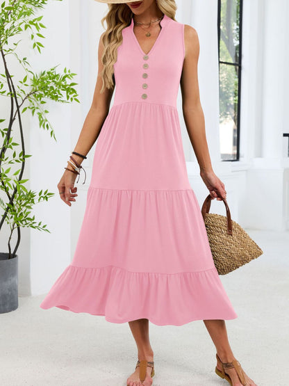 Sleeveless Notched Tiered Midi Dress