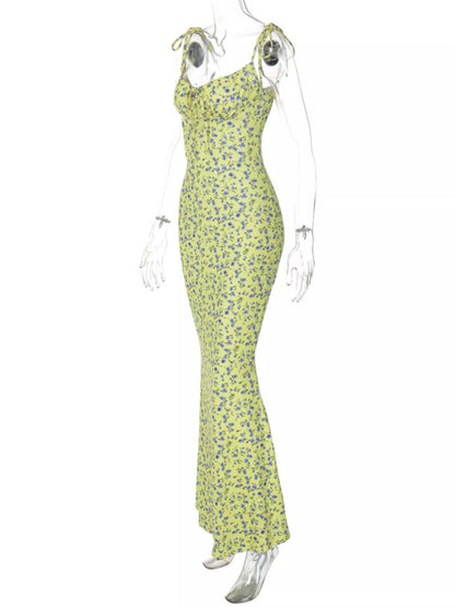 Floral Print Tie Strap Bodycon Maxi Dress
